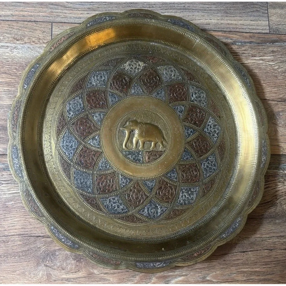 Vintage Brass Elephant Decorative Plate Hand Etched Enamel Indian Wall Decor‎
